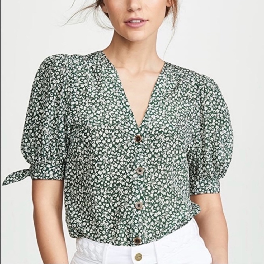 Veronica Beard Green Floral Button-Front Puff Sleeve Blouse